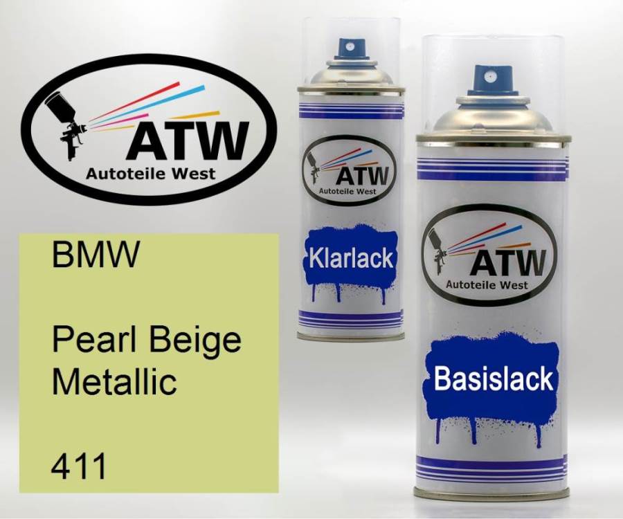 BMW, Pearl Beige Metallic, 411: 400ml Sprühdose + 400ml Klarlack - Set, von ATW Autoteile West.